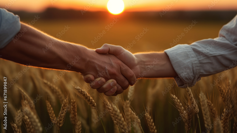 Two farmers shake hands in front of a wheat field. - obrazy, fototapety, plakaty 