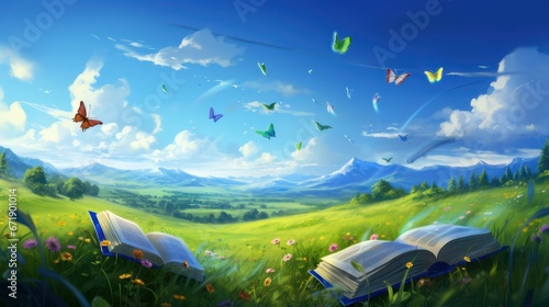 Vibrant flowers bloom in a sunlit meadow under a blue sky. with an open book on the theme of education and reading.