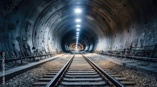 Railway tunnel construction site. Blurry straight circular concrete railway tunnel with lighting © Sasint