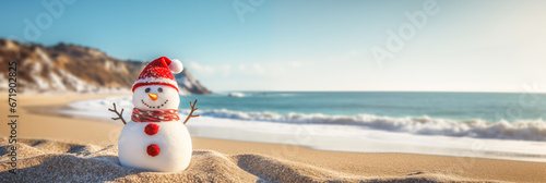 Snowman in red Santa Claus hat on the edge of the tropical beach. Advertising concept  free space for text. AI generated banner image.