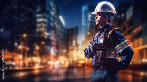 double exposure of man engineer in uniform and the construction building, beautiful city generative ai