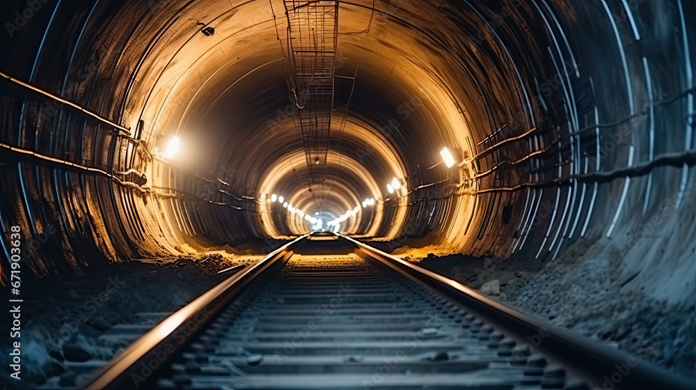 Fototapeta premium Railway tunnel construction site. Blurry straight circular concrete railway tunnel with lighting