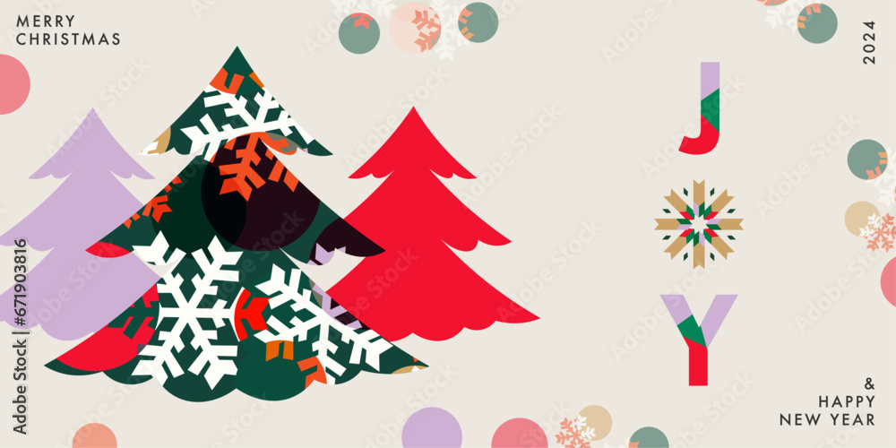 Merry Christmas and Happy New Year greeting card. Trendy modern Xmas design with typography, colorful Christmas tree and snowflakes. Minimal poster, flyer, sale banner for website.