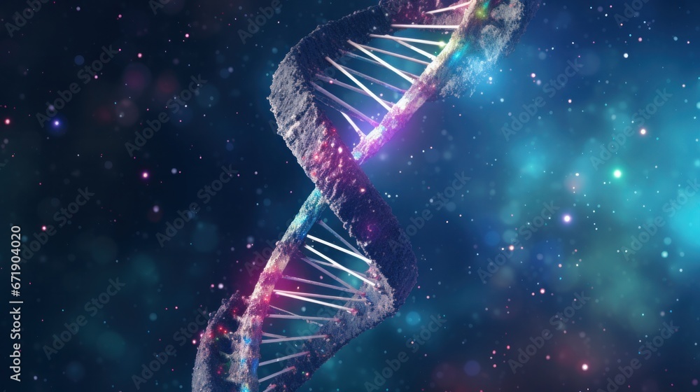 DNA double helix genetic material. Gene sequencing abstract design. Floating in space background, .science, abstract, biology, biotechnology, molecular, health, genetic - obrazy, fototapety, plakaty 