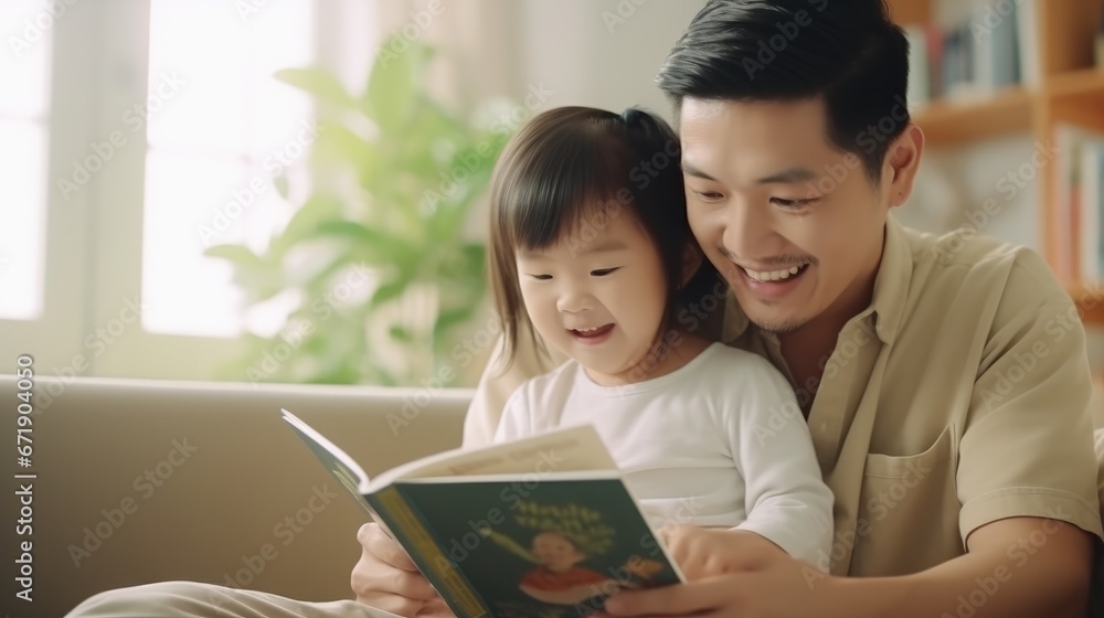 Happy father relax and read book with baby time together at home. parent sit on sofa with daughter and reading a story. learn development, childcare, laughing, education, storytelling, practice. Happy father relax and read book with baby time together at home. parent sit on sofa with daughter and reading a story. learn development, childcare, laughing, education, storytelling, practice.
