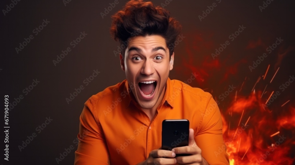excited young man play games by mobile phone make winner gesture. male winning mobile gambling. Wow face expression. Esport streaming game online, surprise, gamer, online, earning, new generation - obrazy, fototapety, plakaty 
