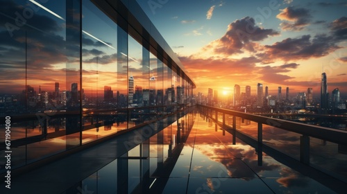 Modern office building or business center. High-rise window buildings made of glass reflect the clouds and the sunset. empty street outside  wall modernity civilization. growing up business