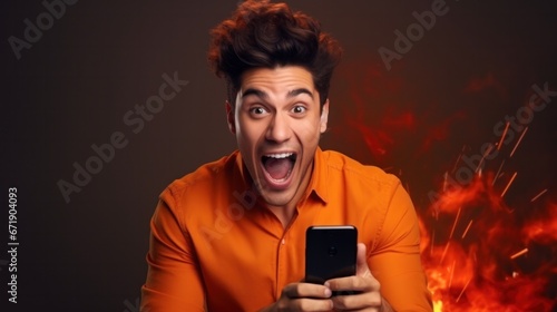 excited young man play games by mobile phone make winner gesture. male winning mobile gambling. Wow face expression. Esport streaming game online, surprise, gamer, online, earning, new generation photo