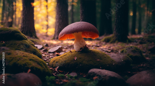 A mushroom alone in the depths of the woods photo