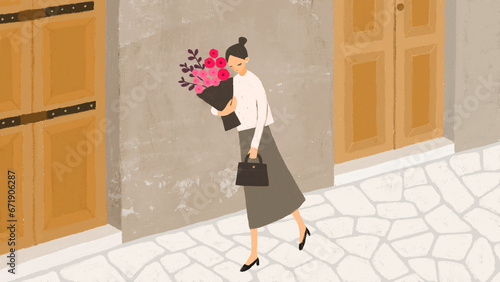 Fotografiet illustration of a woman carrying a bouquet of flowers walks along the cobbleston