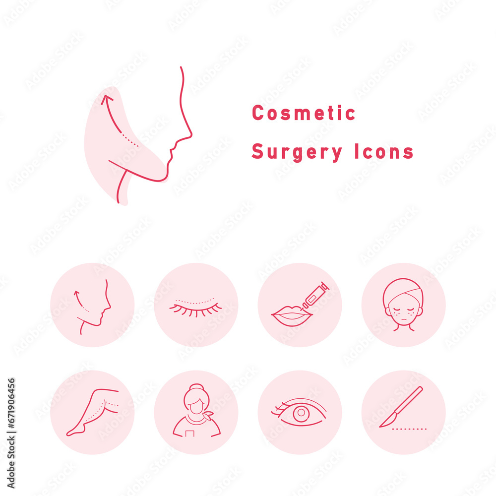 Fototapeta premium 美容整形・プチ整形・美容外科に関するアイコンイラスト(円形・カラー)のセット