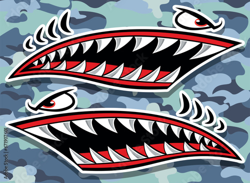 Shark teeth car decal angry Flying tigers bomber shark mouth motorcycle fuel tank sticker vector graphic on camouflage background