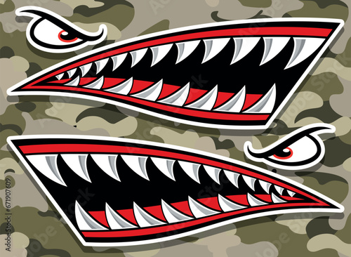 Flying tigers shark teeth car sticker motorcycle gas tank decal and helmet sticker on camouflage background