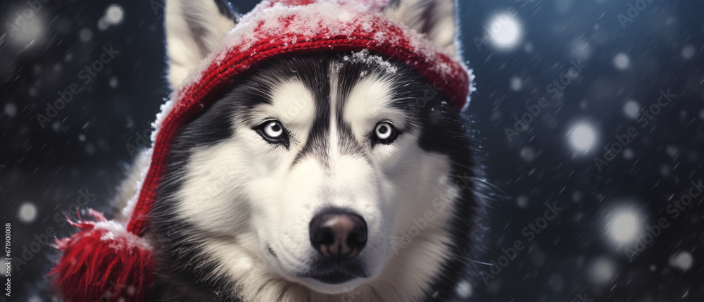 husky with santa claus hat in snow,generative ai