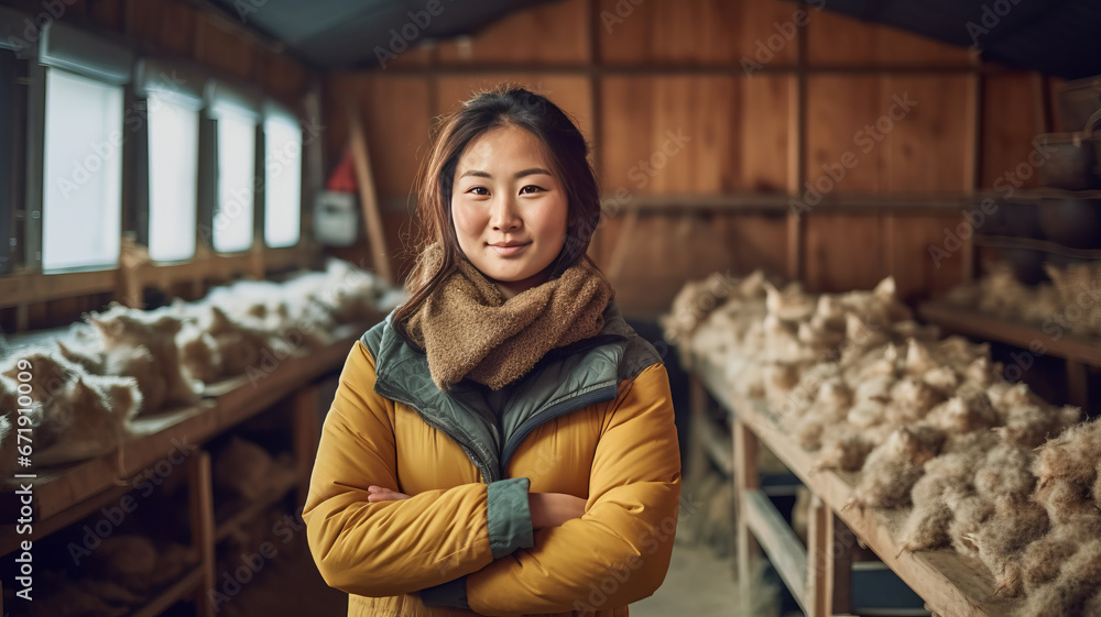 A smiling asian female chicken farmer stands with his arms folded in the poultry shed A smiling asian female chicken farmer stands with his arms folded in the poultry shed