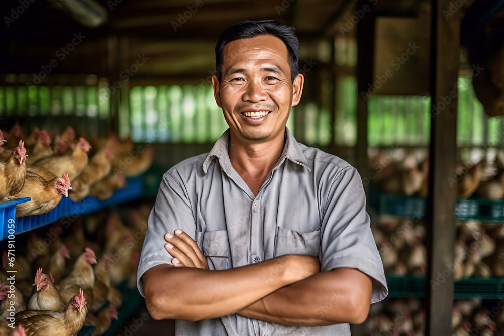 A smiling asian male chicken farmer stands with his arms folded in the poultry shed,generative ai A smiling asian male chicken farmer stands with his arms folded in the poultry shed,generative ai