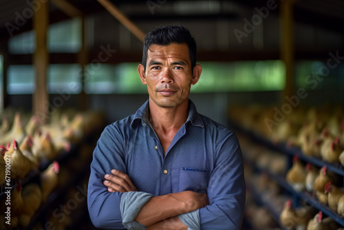 A smiling asian male chicken farmer stands with his arms folded in the poultry shed,generative ai