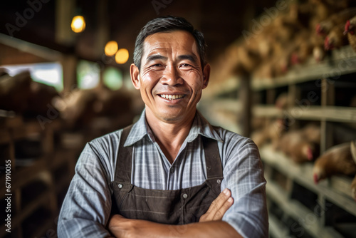 A smiling asian male chicken farmer stands with his arms folded in the poultry shed,generative ai © LomaPari2021