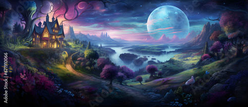 Castle on a vibrant landscape with stars in dreamy scene 3