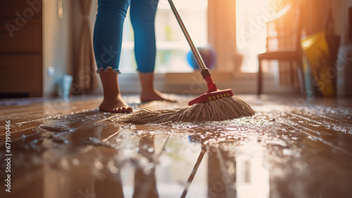 A young woman cleaning floor with wet mop at home.generative ai photo