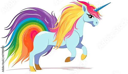 Cute magical running unicorn with rainbow hair  isolated on white background. Print for t-shirt or sticker. Romantic art. AI