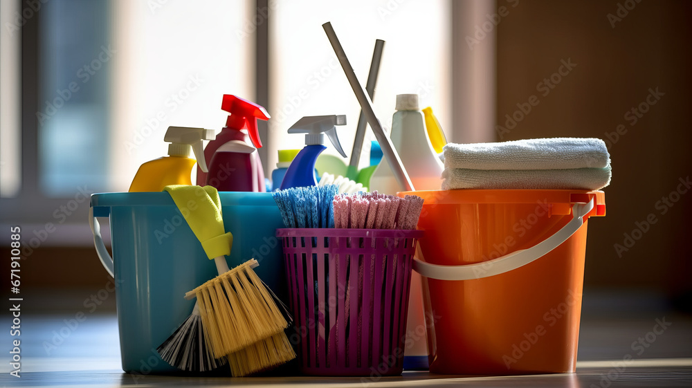 Cleaning equipment, Various household cleaning products in a bucket.generative ai Cleaning equipment, Various household cleaning products in a bucket.generative ai