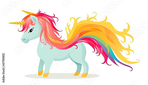 Cute magical running unicorn with rainbow hair, isolated on white background. Print for t-shirt or sticker. Romantic art. AI