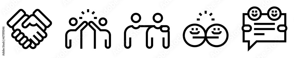 Conjunto de iconos de amistad. Manos unidas, chocar puños, abrazo, amigos, comunicación amistosa. Ilustración vectorial Conjunto de iconos de amistad. Manos unidas, chocar puños, abrazo, amigos, comunicación amistosa. Ilustración vectorial