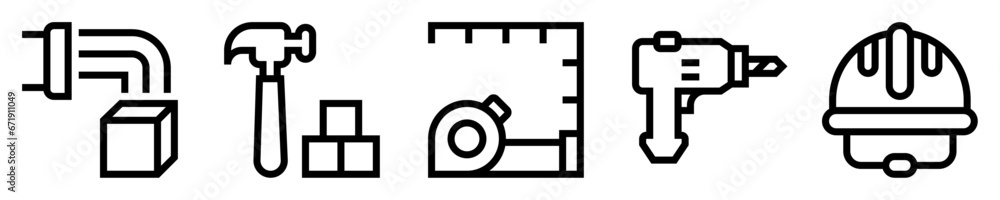 Conjunto de iconos de materiales y herramientas de construcción. Hormigón, martillo, cinta métrica, taladro, casco de seguridad. Ilustración vectorial Conjunto de iconos de materiales y herramientas de construcción. Hormigón, martillo, cinta métrica, taladro, casco de seguridad. Ilustración vectorial