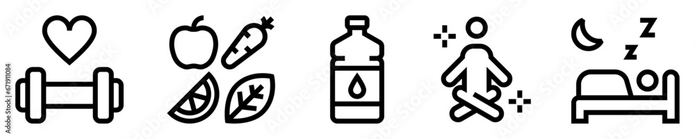 Conjunto de iconos de bienestar físico. Corazón con mancuerna, alimentación saludable, botella de agua, persona meditando, sueño y descanso. Ilustración vectorial Conjunto de iconos de bienestar físico. Corazón con mancuerna, alimentación saludable, botella de agua, persona meditando, sueño y descanso. Ilustración vectorial