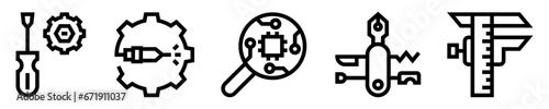 Conjunto de iconos de reparación de electrodomésticos. Servicio técnico. Destornillador, tuerca, cable de soldadura, circuito, herramienta multifuncional, medición, calibración. Ilustración vectorial