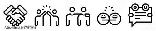 Conjunto de iconos de amistad. Manos unidas, chocar puños, abrazo, amigos, comunicación amistosa. Ilustración vectorial
