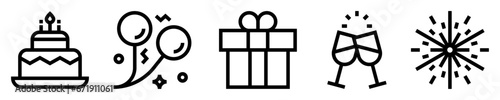 Conjunto de iconos de celebración. Fiesta y festividad. Tarta de cumpleaños, globos, confeti, caja de regalo, brindis, fuegos artificiales. Ilustración vectorial