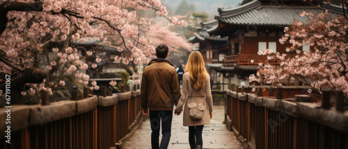 Travelers enjoying cherry blossoms in Japan generative ai