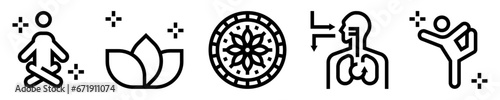 Conjunto de iconos de yoga. Salud mental. meditación, hoja de loto, mandala, respiración, posición de estiramiento. Ilustración vectorial