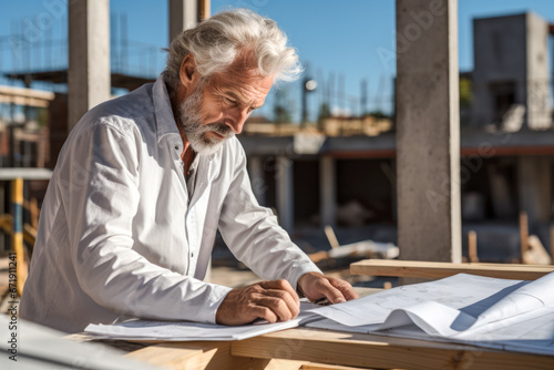 Architect scrutinizing building plans, while on a rooftop and overseeing an outdoor construction project. Concept of expertise and commitment to building design excellence