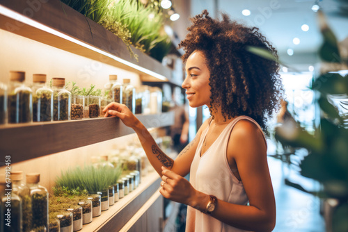 Younger African American woman curiously browsing organic, natural and eco-friendly cosmetic products in a store. A concept of conscious, sustainable lifestyle photo