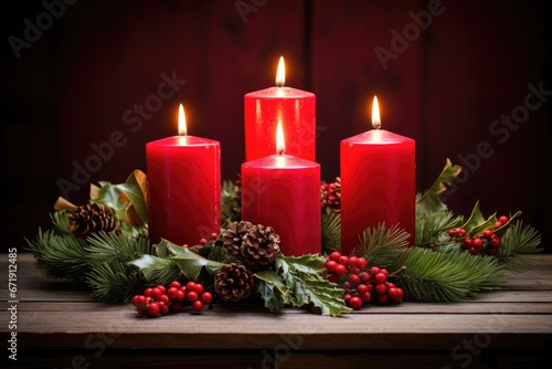 decorated Advent wreath from fir branches with red burning candles on a wooden table , festive bokeh in the warm dark background