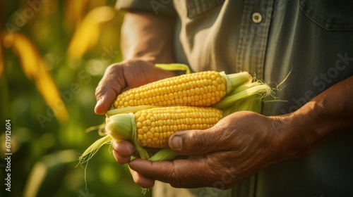 Close-up of corn in farmer's hands, dirty hands with corn, farmer with organic vegetables