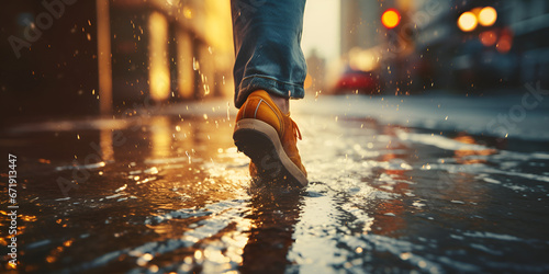 closeup photo similar of feet walking close up legs of runner running on a straight road in the middle in rainy day with trees on both sides, high resolution. AI Generative photo