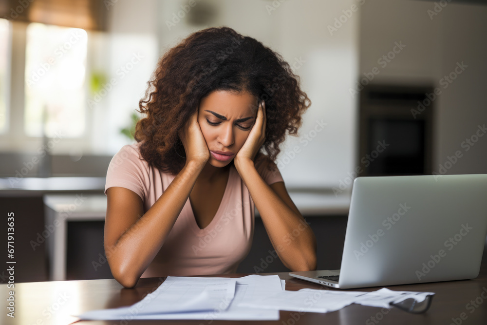 Obraz premium A portrait of a young woman sitting by a desk and being worried about bills and debt, finances, stress, financial challenges, budgeting. A concept of financial instability