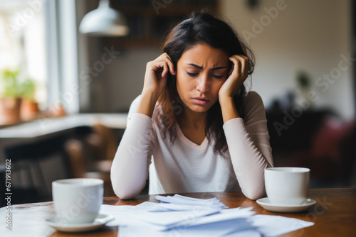 A portrait of a young woman sitting by a desk and being worried about bills and debt, finances, stress, financial challenges, budgeting. A concept of financial instability photo