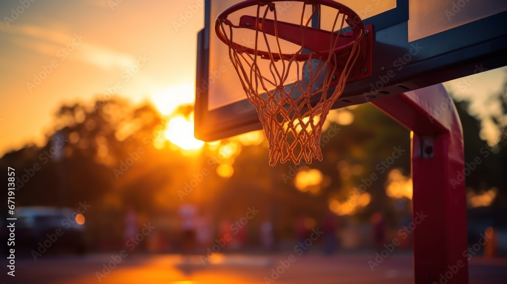 Basketball hoop awaits action as the sun sets