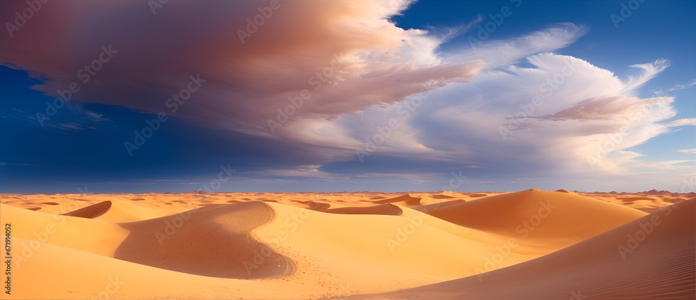 Desert landscape with grains of sand and a colorful cloudy sky from Generative AI