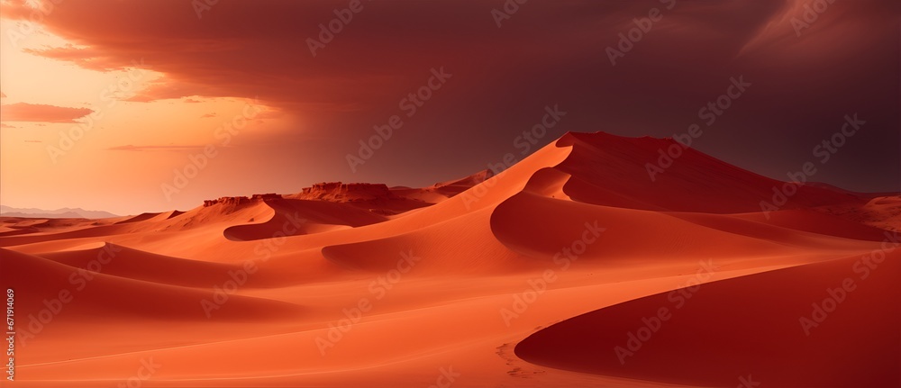 Desert landscape with grains of sand and a red cloudy sky from Generative AI