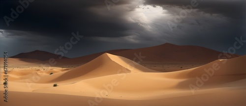 Desert landscape with grains of sand and a dark cloudy sky from Generative AI