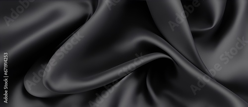Shiny wavy folded black satin fabric on plain white background from Generative AI
