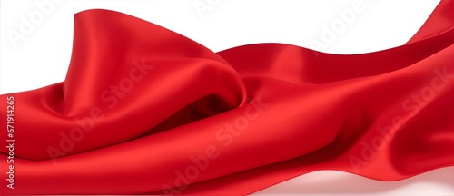 Shiny wavy folded red satin fabric on plain white background from Generative AI
