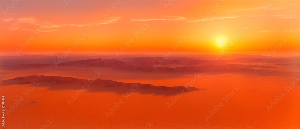 Aerial view of a desert landscape at sunset with red sky. from Generative AI