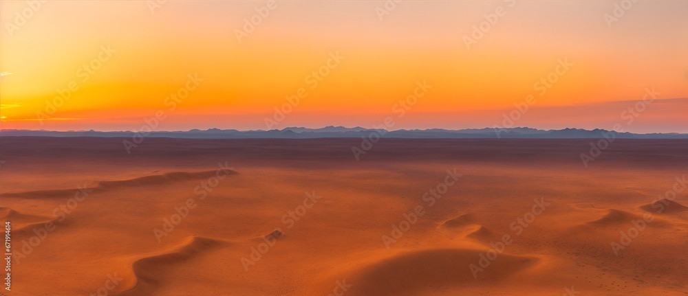 Aerial view of a desert landscape at sunset with green sky from Generative AI